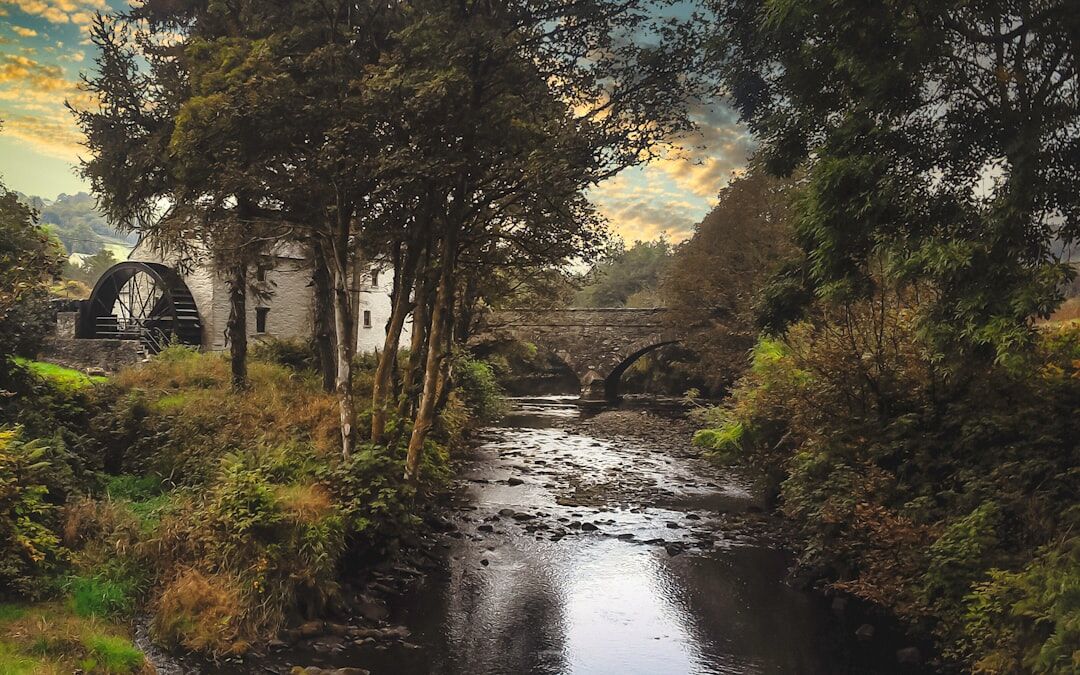 Dark cover illustration of a river and old bridge at dusk for a mystery novel